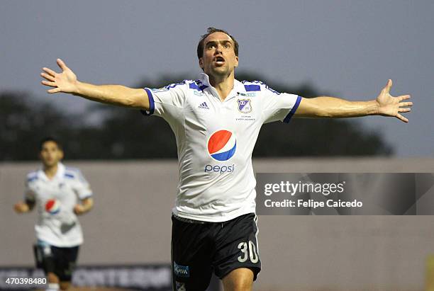Federico Insua of Millonarios celebrates after scoring the second goal of his team during a match between Jaguares FC and Millonarios as part of 16th...