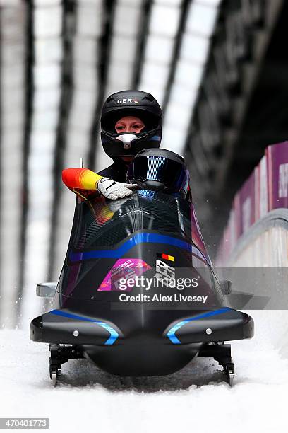 Cathleen Martini and Christin Senkel of Germany team 2 compete during the Women's Bobsleigh on Day 12 of the Sochi 2014 Winter Olympics at Sliding...