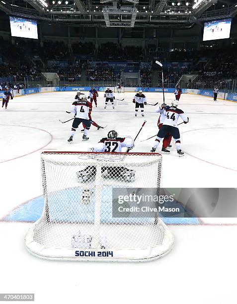 Ales Hemsky of the Czech Republic scores his team's second goal in the third period against Jonathan Quick of the United States during the Men's Ice...