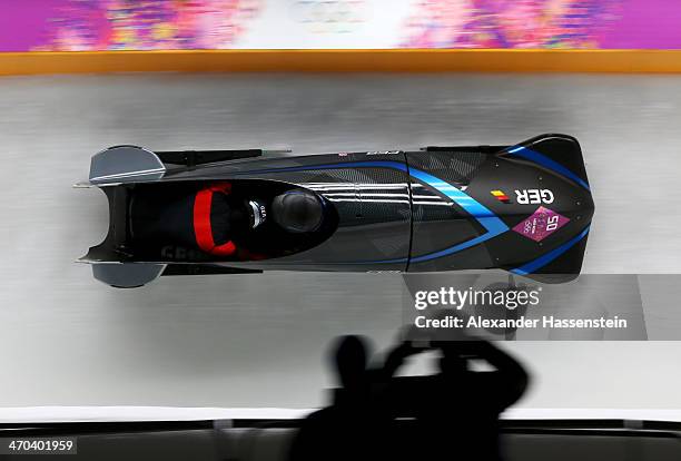 Cathleen Martini and Christin Senkel of Germany team 2 make a run during the Women's Bobsleigh on Day 12 of the Sochi 2014 Winter Olympics at Sliding...