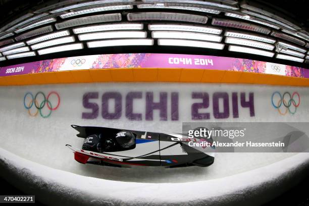 Elana Meyers and Lauryn Williams of the United States team 1 compete during the Women's Bobsleigh on Day 12 of the Sochi 2014 Winter Olympics at...