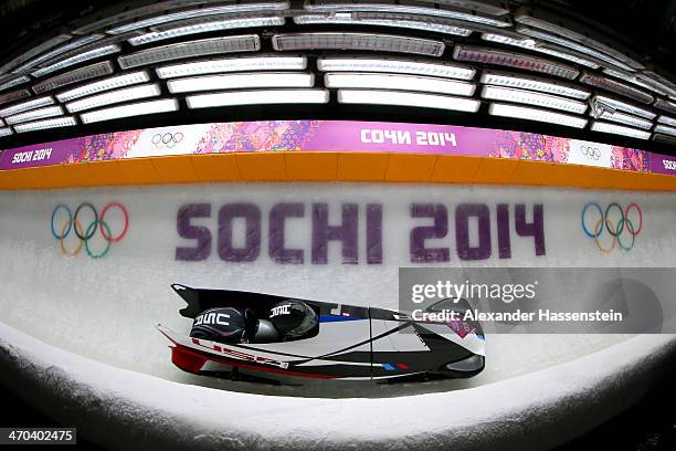 Jamie Greubel and Aja Evans of the United States team 2 make a run during the Women's Bobsleigh on Day 12 of the Sochi 2014 Winter Olympics at...