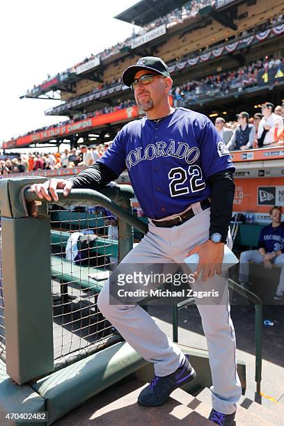 Manager Walt Weiss of the Colorado Rockies stands in the dugout prior to the game against the San Francisco Giants at AT&T Park on April 13, 2015 in...