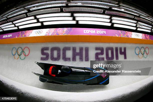 Cathleen Martini and Christin Senkel of Germany team 2 make a run during the Women's Bobsleigh on Day 12 of the Sochi 2014 Winter Olympics at Sliding...