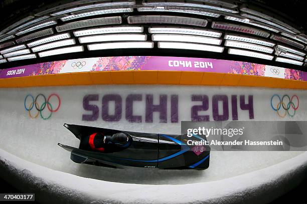 Fabienne Meyer and Tanja Mayer of Switzerland team 1 make a run during the Women's Bobsleigh on Day 12 of the Sochi 2014 Winter Olympics at Sliding...