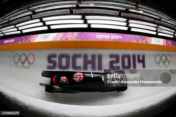 Paula Walker and Rebekah Wilson of Great Britain team 1 make a run during the Women's Bobsleigh on Day 12 of the Sochi 2014 Winter Olympics at...