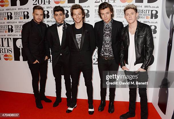 Liam Payne, Zayn Malik, Louis Tomlinson, Harry Styles and Niall Horan of One Direction attend The BRIT Awards 2014 at the 02 Arena on February 19,...