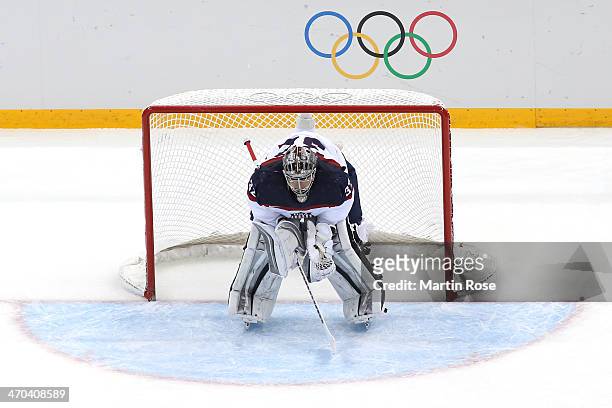Jonathan Quick of the United States tends goal during the Men's Ice Hockey Quarterfinal Playoff on Day 12 of the 2014 Sochi Winter Olympics at Shayba...