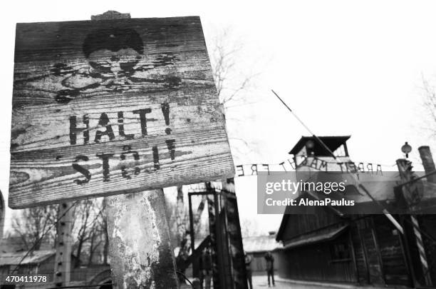 entrance gate to auschwitz concentration camp in poland - holocaust stock pictures, royalty-free photos & images
