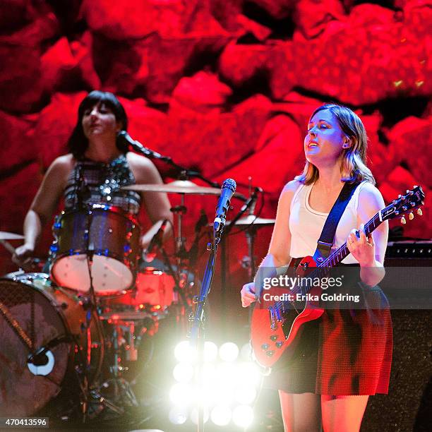 Janet Weiss and Corin Tucker of Sleater-Kinney perform at the Civic Theatre on April 19, 2015 in New Orleans, Louisiana.