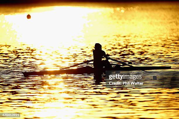 Rower trains at dawn during the Bankstream New Zealand Rowing Championships at Lake Karapiro on February 20, 2014 in Cambridge, New Zealand.