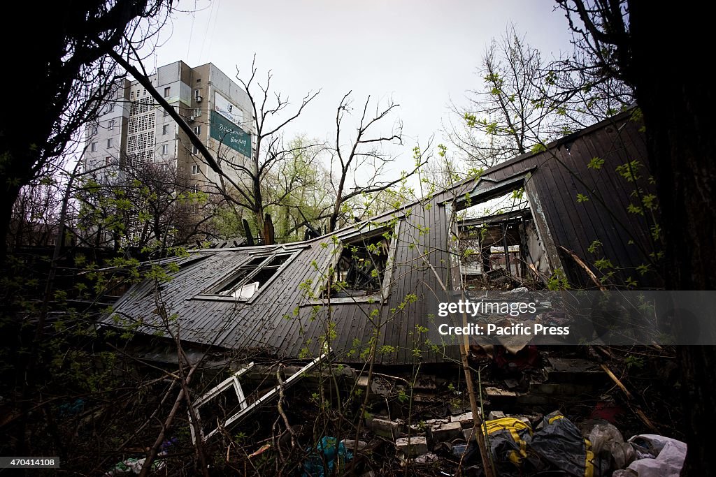 A destoried building seen in the district of Kyivski in the...