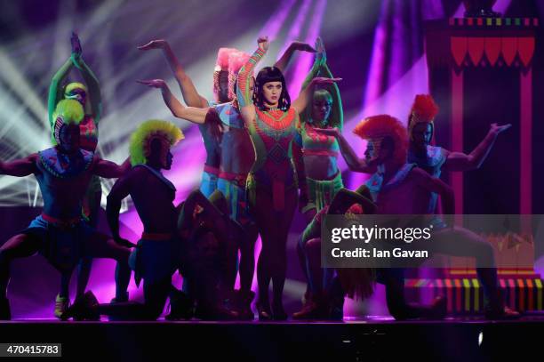 Singer Katy Perry performs at The BRIT Awards 2014 at 02 Arena on February 19, 2014 in London, England.