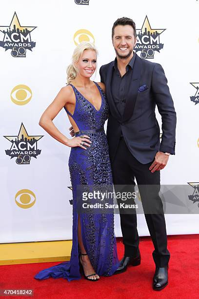Host and ACM Entertainer of the Year, Luke Bryan and wife, and Caroline Boyer attend the 50th Academy of Country Music Awards at AT&T Stadium on...