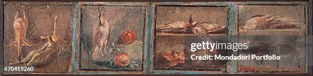 "Pictures of Still Lifes, by unknown artist, 45-79, 1st Century A.D., ripped fresco, 40 x 168 cm Italy, Campania, Naples, National Archaeological...