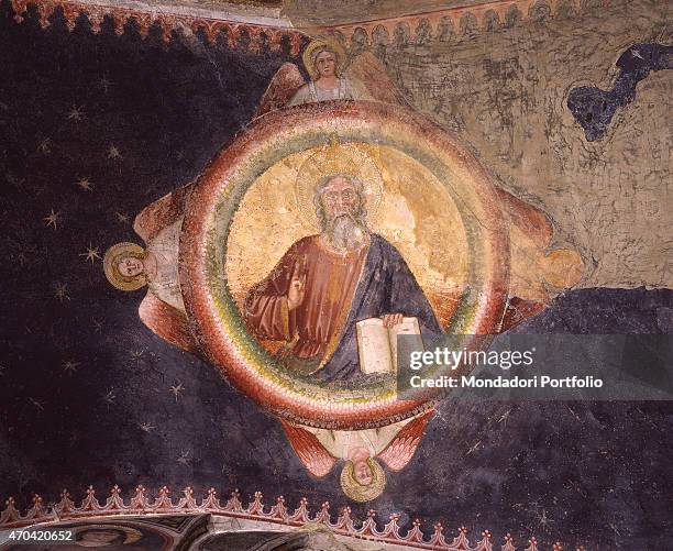 "Frescoes in the Chapel of the Crucifix , by Master of Forzat Chapel, 14th Century, fresco Italy, Veneto, Treviso, Church of Saint Lucia. Detail....