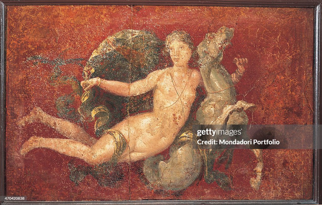 "Nereid on a Sea Horse, by unknown artist, 54-68, 1st Century A.D., ripped fresco, 62 x 92 cm"