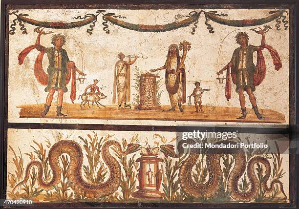 "Lari and Snakes, by unknown artist, 55-79, 1st Century A.D., ripped fresco, 128 x 183 cm Italy, Campania, Naples, National Archaeological Museum,...