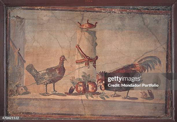 "Rooster and Chicken, by unknown artist, 45-79, 1st Century A.D., ripped fresco, 77 x 112 cm Italy, Campania, Naples, National Archaeological Museum,...