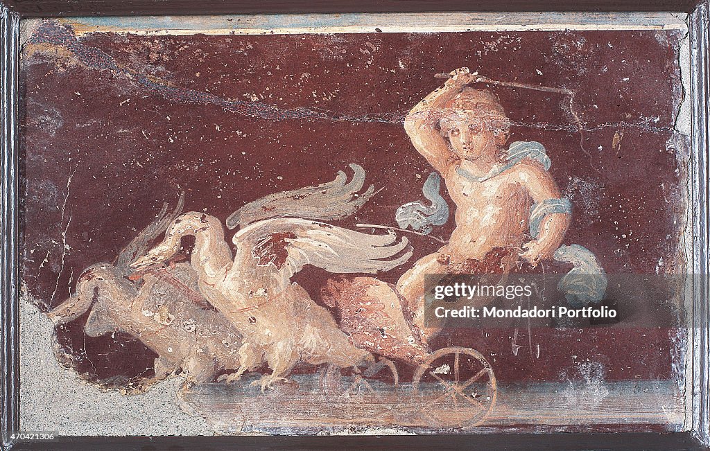 "Cupid on Chariot, by unknown artist, 62-79, 1st Century A.D., ripped fresco, 26 x 42 cm"