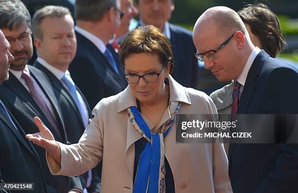 Polish Prime minister Ewa Kopacz talks with Czech Prime Minister Bohuslav Sobotka during a welcoming ceremony on April 20, 2015 in Prague. AFP PHOTO...