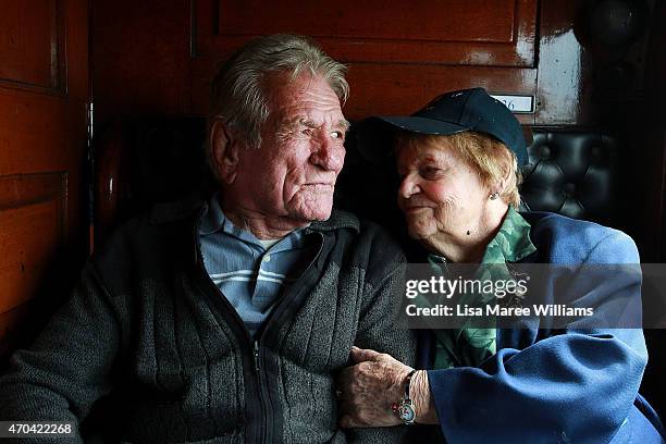 Veterans Frank Johns and partner Joy Sibertsen ride the ANZAC Troop Train from Winton to Longreach on April 20, 2015 in Winton, Australia. The 2015...