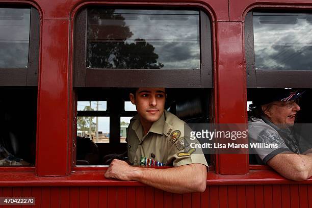 Passengers board the ANZAC Troop Train on April 20, 2015 in Winton, Australia. The 2015 ANZAC Troop Train Re-Enactment commemorates the 100 year...
