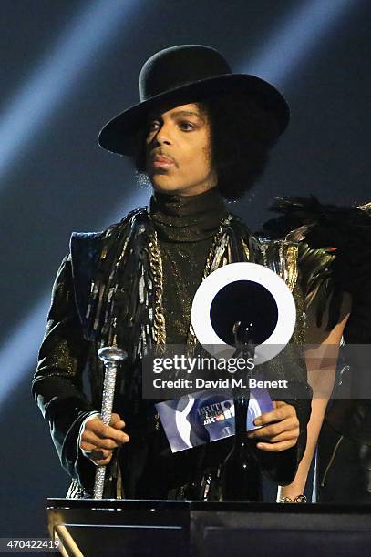 Prince presents at The BRIT Awards 2014 at 02 Arena on February 19, 2014 in London, England.