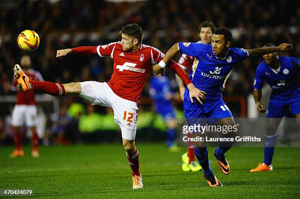 Jamie Makie of Nottingham Forest battles with Liam Moore of Leicesterduring the Sky bet Championship match between Nottingham Forest and Leicester...