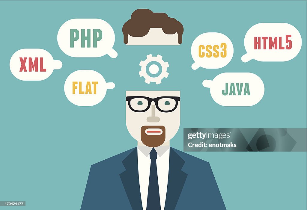 Flat Vector Illustration Of Programmer And Process Coding And ...