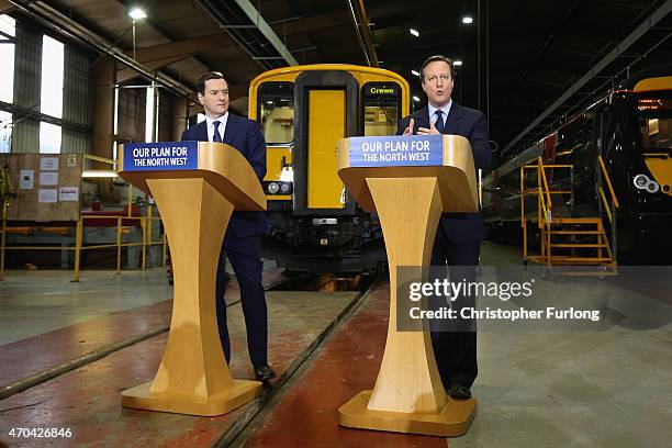 Prime Minister and leader of the Conservative Party, David Cameron and Chancellor George Osborne address guests and supporters during a visit to...