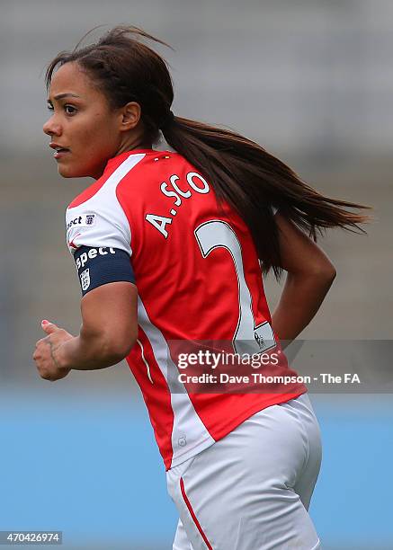 Alex Scott of Arsenal during the Women's Super League match between Manchester City and Arsenal at the Manchester City Academy Stadium on April 19,...