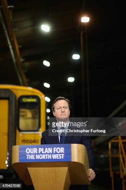Prime Minister and leader of the Conservative Party, David Cameron addresses guests and supporters during a visit to Arriva Traincare on April 20,...