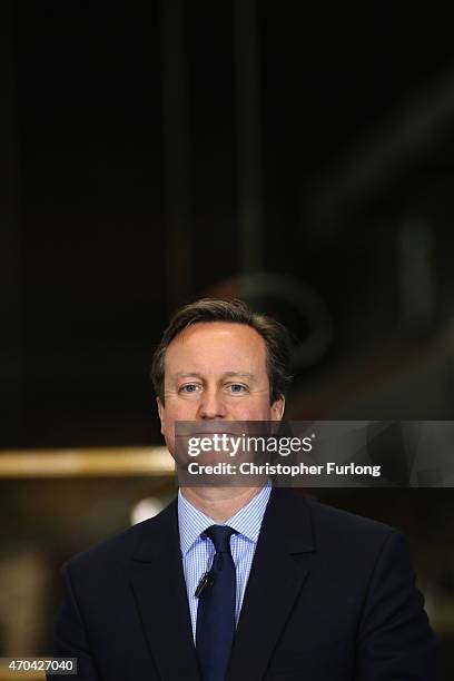 Prime Minister and leader of the Conservative Party, David Cameron addresses guests and supporters during a visit to Arriva Traincare on April 20,...