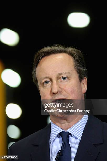 Prime Minister and leader of the Conservative Party, David Cameron addresses guests and supporters during a visit to Arriva Traincare on April 20,...