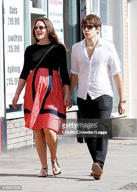 Pregnant British Actress Keira Knightly takes a stroll with her husband James Righton on April 15, 2015 in London, England.