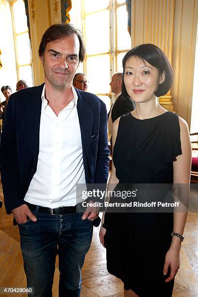 Sebastien Thiery and French minister of Culture and Communication Fleur Pellerin attend the Reception in honor of the Nominated Molieres 2015 at...