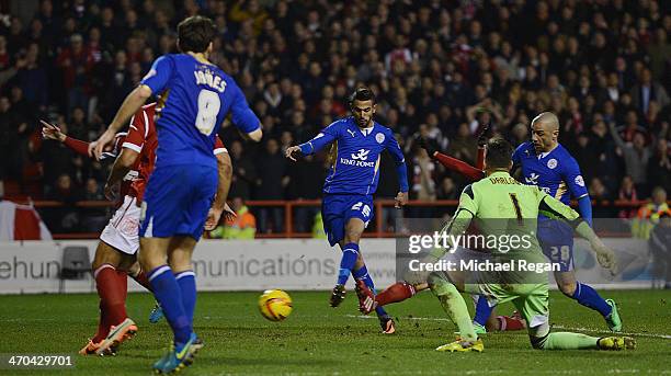 Riyad Mahrez of Leicester scores to make it 2-2 during the Sky Bet Championship match between Nottingham Forest and Leicester City at the City Ground...