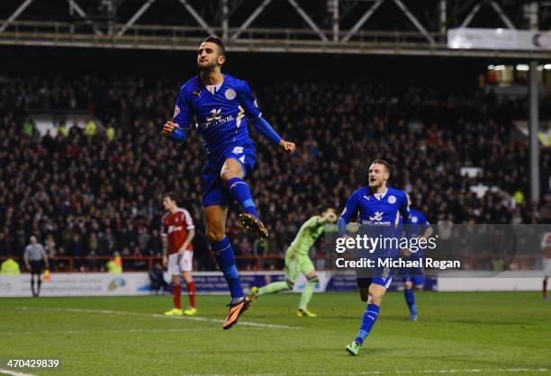 Riyad Mahrez of Leicester celebrates scoring to make it 2-2 during the Sky Bet Championship match between Nottingham Forest and Leicester City at the...