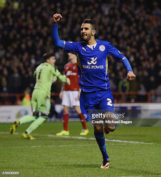 Riyad Mahrez of Leicester celebrates scoring to make it 2-2 during the Sky Bet Championship match between Nottingham Forest and Leicester City at the...