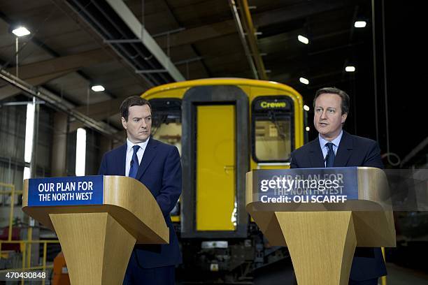 British Prime Minister and leader of the Conservative Party, David Cameron , and Conservative Chancellor of the Exchequer George Osborne address an...