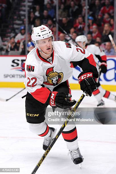 Erik Condra of the Ottawa Senators skates during Game Two of the Eastern Conference Quarterfinals of the 2015 NHL Stanley Cup Playoffs at the Bell...