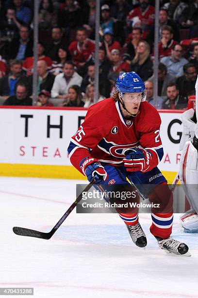 Jacob De La Rose of the Montreal Canadiens skates during Game Two of the Eastern Conference Quarterfinals of the 2015 NHL Stanley Cup Playoffs at the...