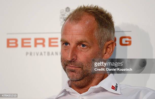 Thomas Muster of Austria reacts during a press conference prior to his match against Andre Agassi of the USA on day one of the Porsche Tennis Grand...
