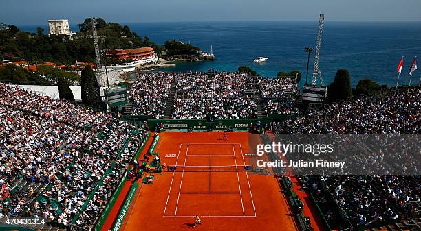 General view of Rafael Nadal of Spain in action against David Ferrer of Spain during day six of the Monte Carlo Rolex Masters tennis at the...