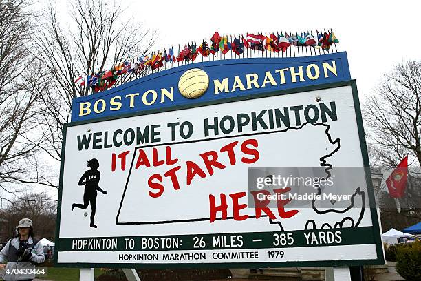 View of a sign stating "It All Starts Here" near the start in Hopkinton of the 119th Boston Marathon on April 20, 2015 in Boston, Massachusetts.