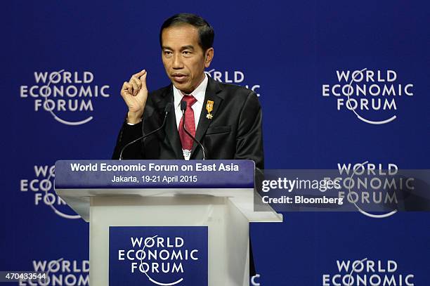 Joko Widodo, Indonesia's president, gestures as he speaks during the World Economic Forum on East Asia in Jakarta, Indonesia, on Monday, April 20,...