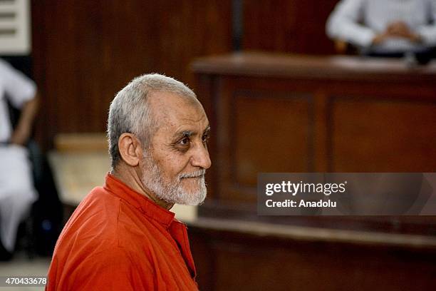 Mohammed Badie, Supreme Guide of the Muslim Brotherhood, is seen in a courtroom during his trial in Cairo, Egypt on April 20, 2015. The Giza Criminal...