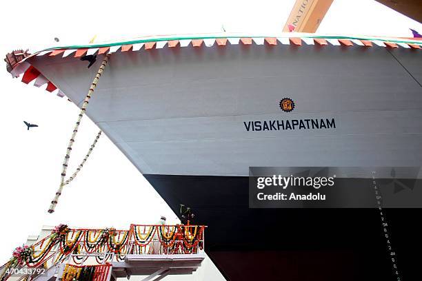 The Indian Navys newly built warship INS Visakhapatnam sails into the Arabian Sea during its launch at Mazagon Dock in Mumbai, India, Monday, April...