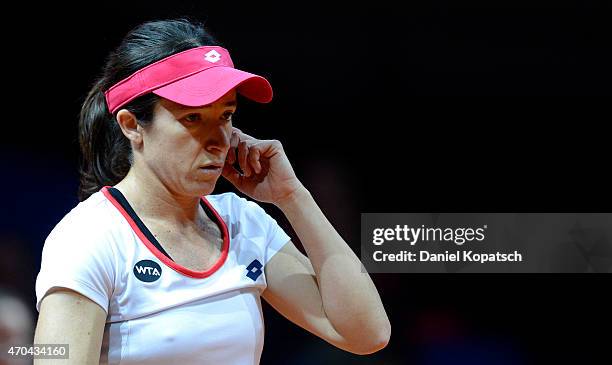 Alberta Brianti of Italy reacts during her qualification match against Bethanie Mattek-Sands of the USA on day one of the Porsche Tennis Grand Prix...